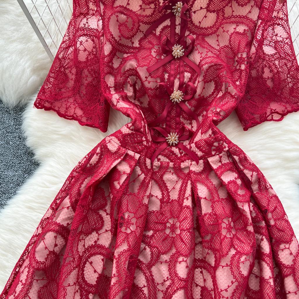 Летние женские элегантные платья с круглым вырезом и коротким рукавом, кружевные вышитые цветочные вечерние платья