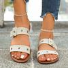 New Large-size Buckle Flat-bottomed One-word Slippers Women's Open-toed Retro Wind Beach Slippers