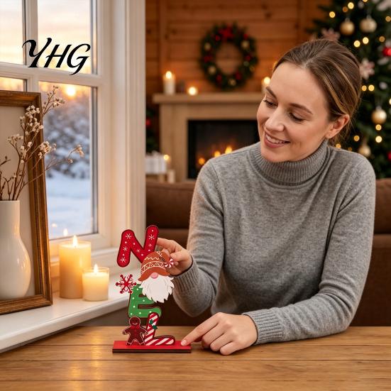 Xmas Home Ornament Christmas Wooden Ornament, Gingerbread Man Reindeer Letter Decor, Colorful Tabletop Small Ornaments Figurines for Holiday