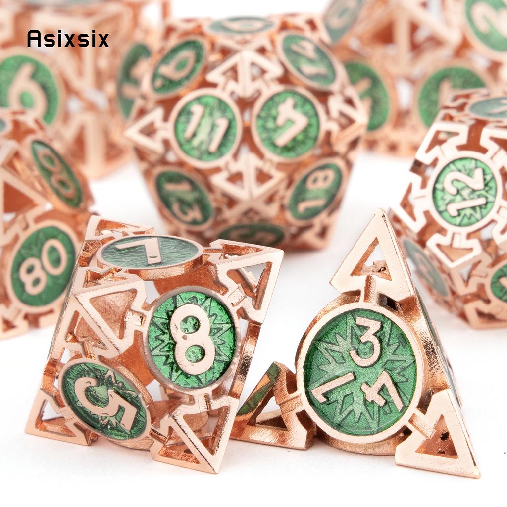7 Pcs  Green Red Metal Dice Circular Hollow Metal Polyhedral Dice Set Suitable for Role-Playing RPG  Board Game Card Game