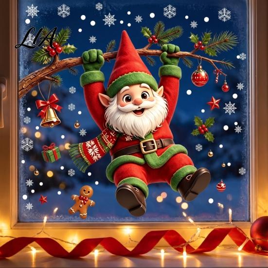 Static Glass Stickers Cute Gnome Christmas Window Cling, Removable Decal with Holly Bell Clings Gingerbread Snowflake, Holiday Decor for Home