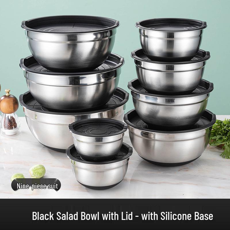 Non-Magnetic Stainless Steel Salad Bowl with Silicone Non-Slip Base and Lid – Perfect for Mixing, Baking, and Dough Kneading