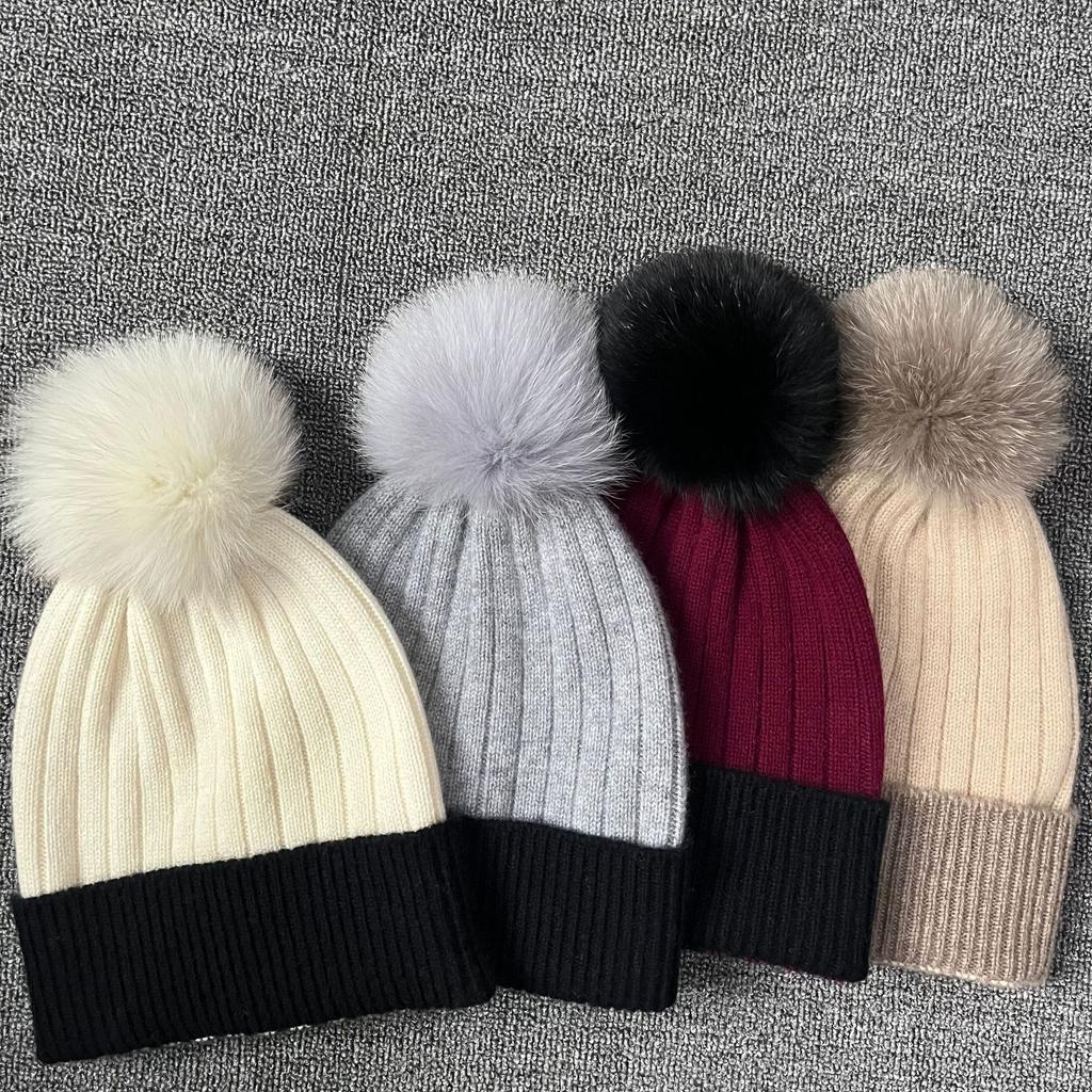 Live supply, pure cashmere knitted hat, fox hairball, contrasting color straight cashmere hat, winter warm women's hat, cold proof