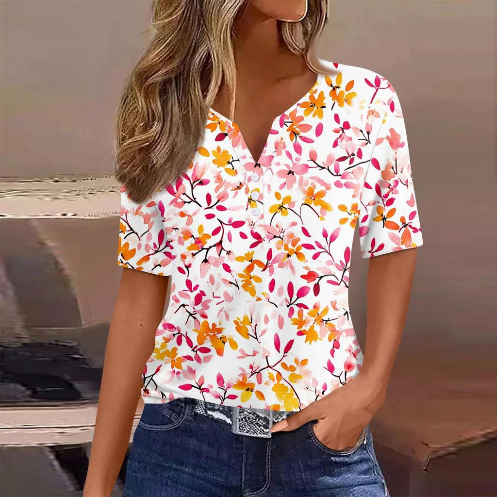 Женская повседневная футболка с коротким рукавом и V-образным вырезом, декоративная отделка пуговицами