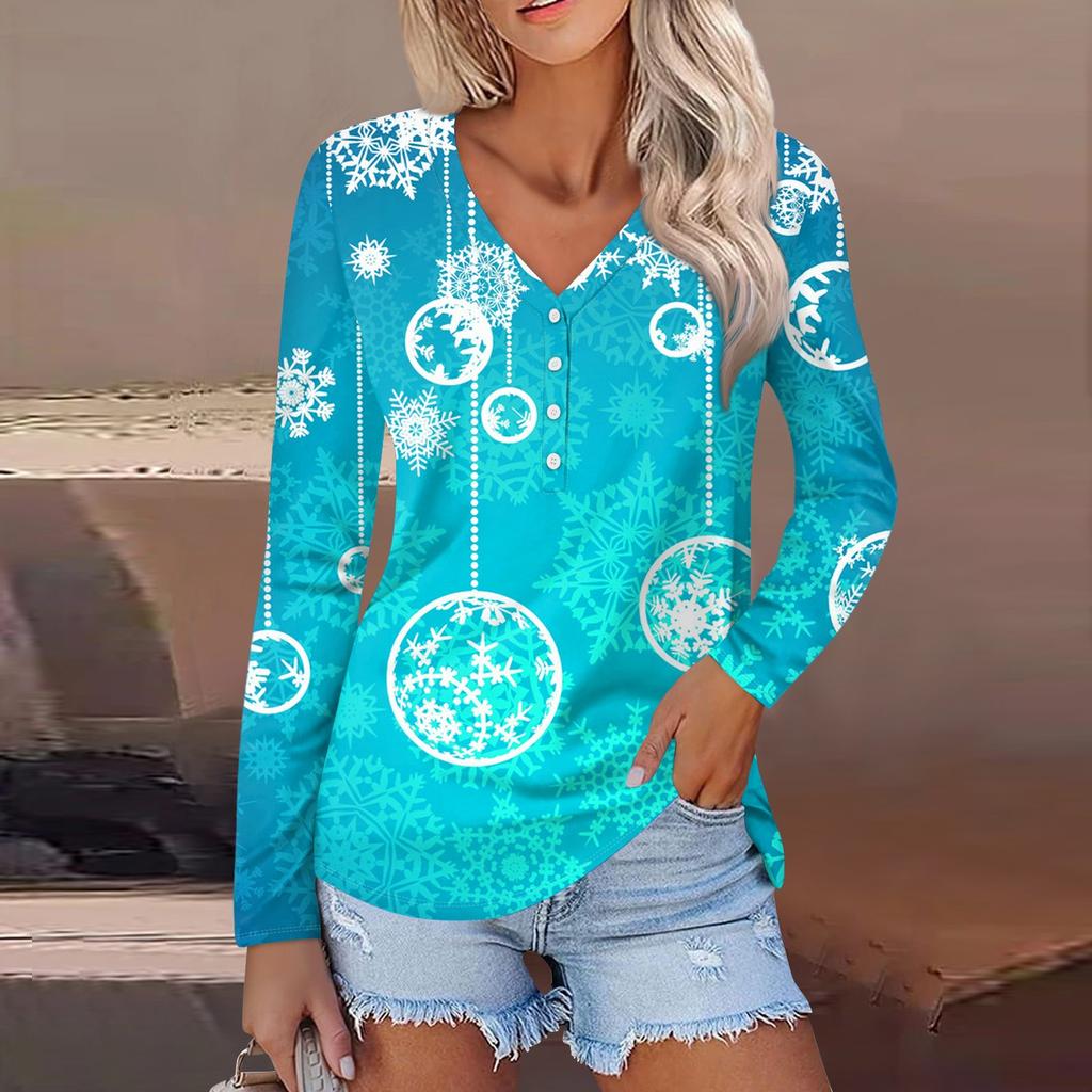 Женская повседневная мода сексуальный комфорт рождественский принт V-образный вырез пуговицы длинный рукав