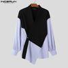 INCERUN Men V Neck Long Sleeve Front Cross Striped Patchwork Casual Irregular Shirts Tops