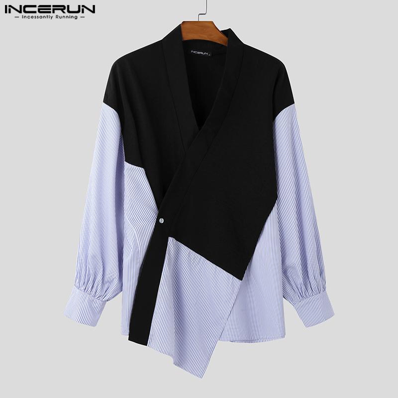 INCERUN Men V Neck Long Sleeve Front Cross Striped Patchwork Casual Irregular Shirts Tops