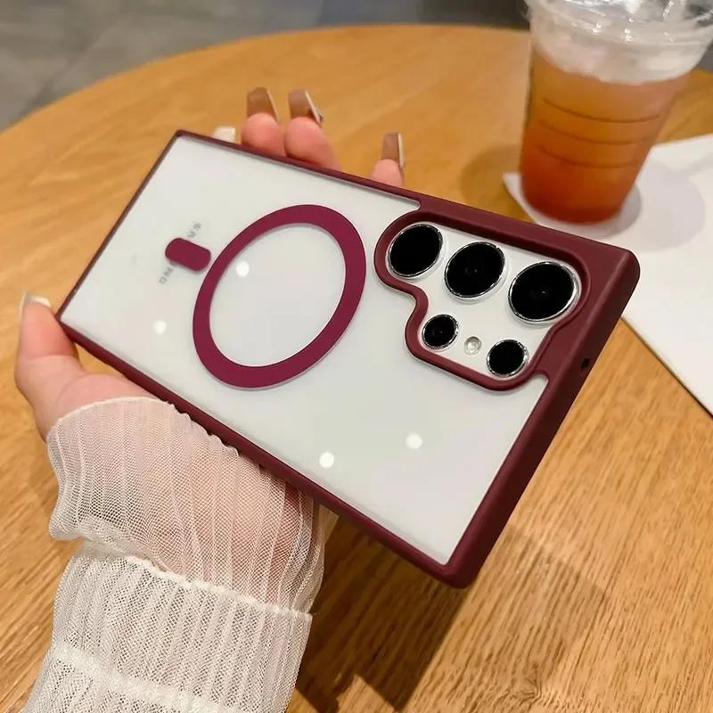 Frosted Frame Magnetic Magsafe Cases For Samsung Galaxy S24 S23 S22 Ultra Plus Wireless Charging Acrylic Bumper Cell Phone Cover