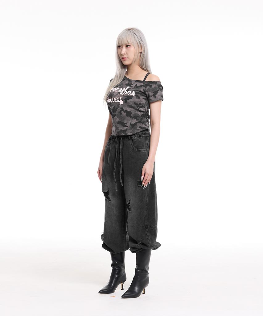 CREAM SODA LAB Camo Side Shirring One-Shoulder Crop Short Sleeve T-Shirt Gray