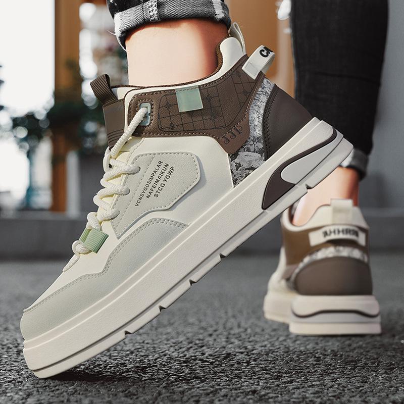 Autumn new leather splicing contrasting color platform heightening board shoes fashion casual outdoor sports shoes high top men's shoes