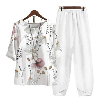 2 шт./компл., женская футболка, брюки, комплект с цветочным принтом, эластичная талия, половина рукава, круглая шея, широкие штаны, повседневная одежда