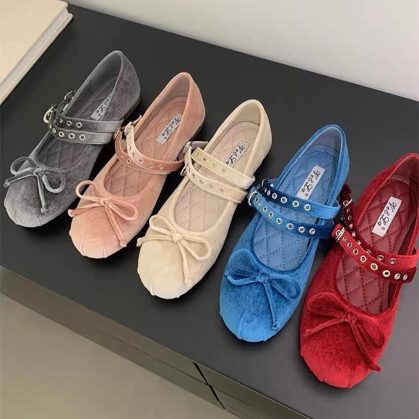 Fashion Flat Shoes for Women 2025 Spring and Autumn New Velvet Bow Mary Jane Round Toe Shallow Mouth Flat Ballet Shoes Single Shoe