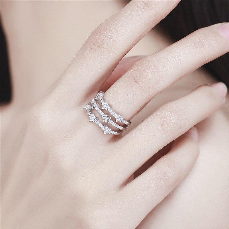 Элегантные многослойные геометрические кольца из стерлингового серебра 925 пробы со сверкающими кристаллами и звездами для женщин, модные украшения для вечеринок S-R176