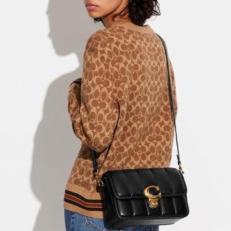 Coach Studio 23 Solid Color Minimalist Quilted C Buckle Flap Leather Messenger Bag Women Bags Black C7725-B4BK