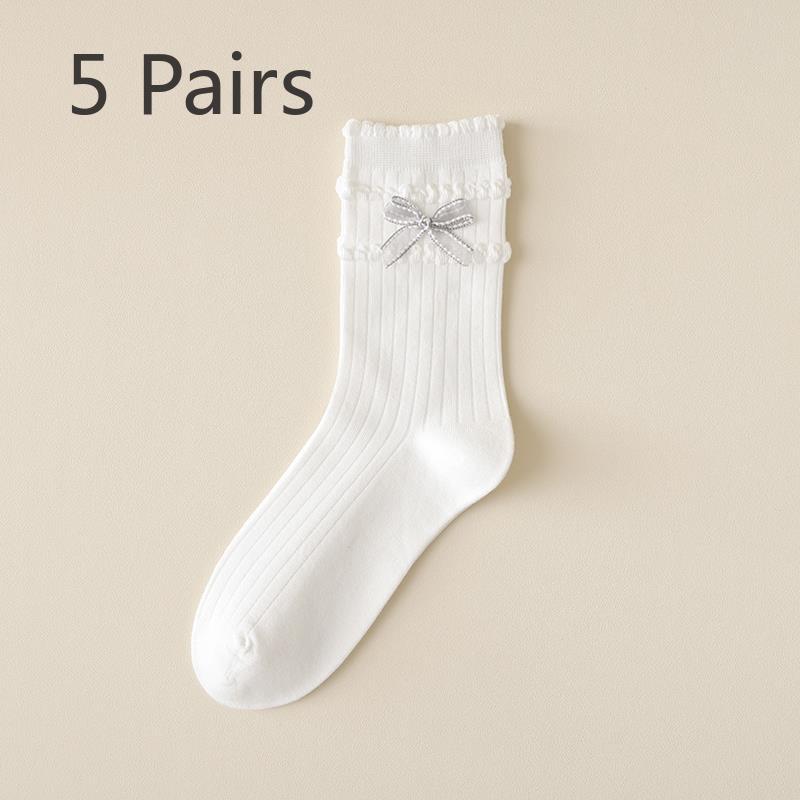 5 Pairs of Thin Solid-color Sweet Bow Mid Calf Socks for Girls In Summer