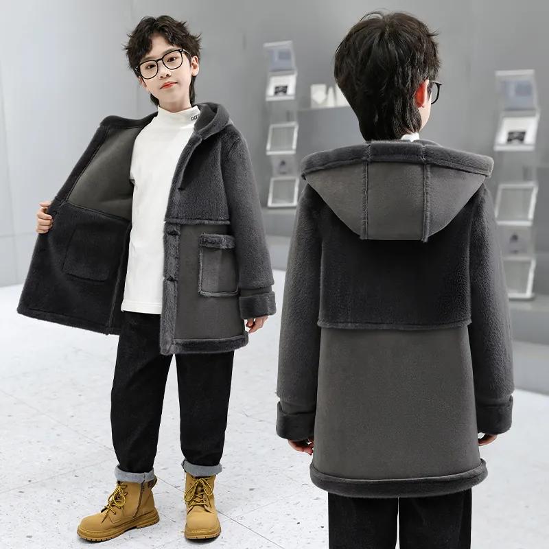 Детская шерстяная куртка для мальчиков осень-зима, пальто плюс утолщенный бархат, верхняя одежда для мальчиков, 2 цвета
