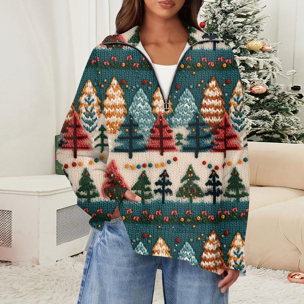 Женский повседневный свитер с полумолнией и лацканами со снежинками и разрезом сверху по бокам, модная одежда