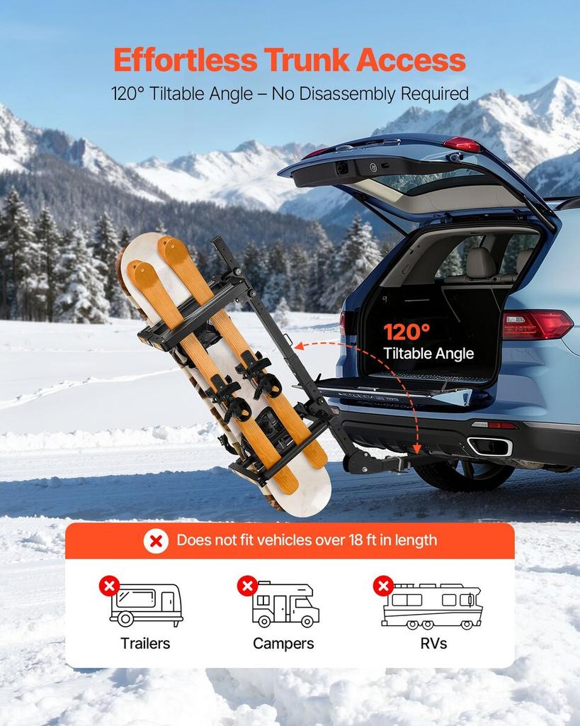 Folding Hitch Mounted Ski & Snowboard Rack, Fits 50 mm Receiver, Carries up to 6 Pairs of Skis or 4 Snowboards, Adjustable Hitch-Mounted Rack for Car