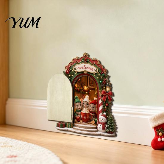 Eco Friendly Wooden Christmas Decor Elf Door Decoration, Miniature Fairy with Cute Mouse Interactive Holiday Wall & Openable Door, Corner for