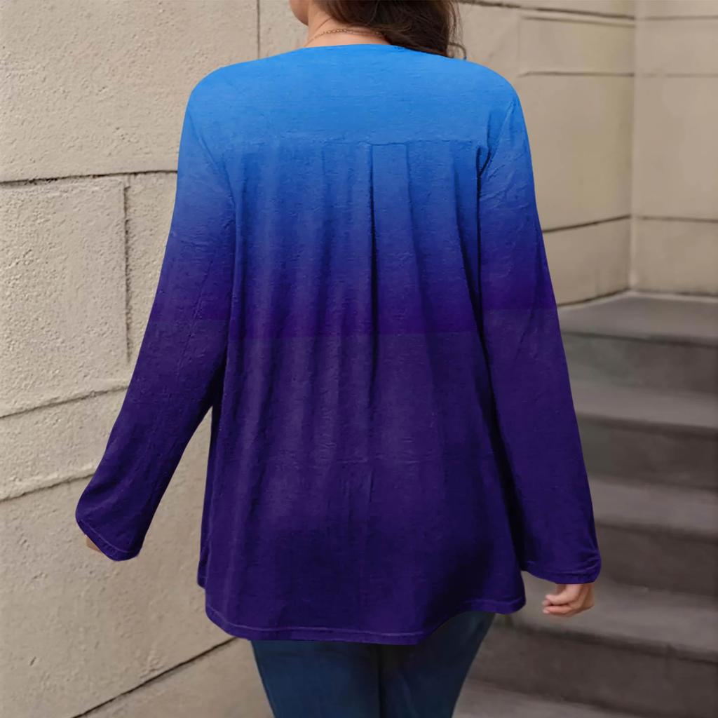 Women's Plus Size Fashion Printed Casual Pleated Round Neck Long Sleeve Top