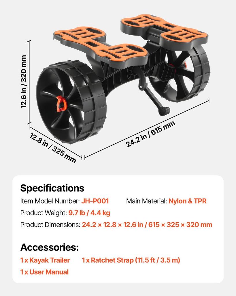Kayak Cart, 136.1 kg Load Capacity, Foldable Kayak Trolley with 25.4 cm Solid Rubber Tires & 1 Ratchet Strap, Paddle Board Trolley for Carrying