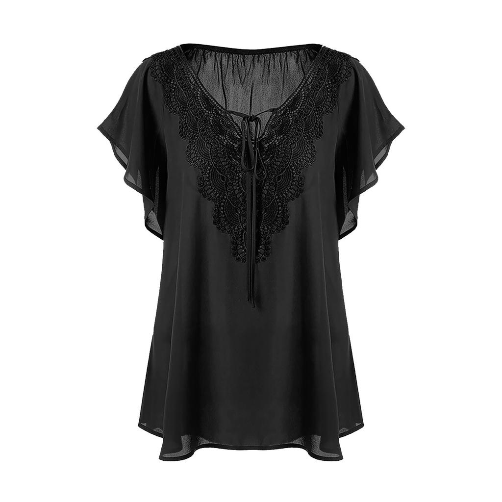Women Fashion Plus Size Lace T-Shirt Blouse  Short Sleeve Tops