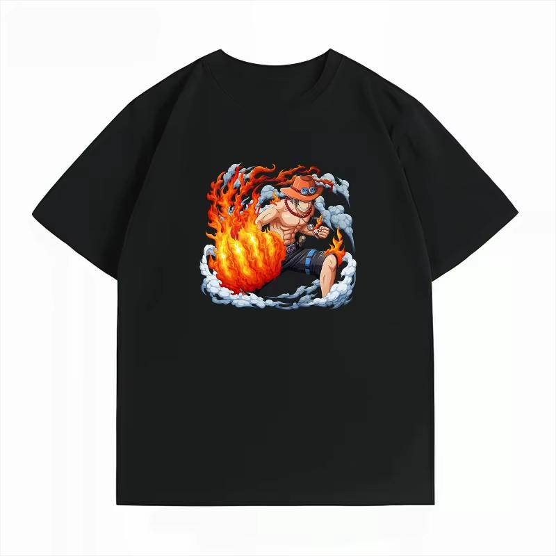 One Piece Men's Casual Loose Crew Neck Summer Short‑Sleeve T‑Shirt with Portgas D. Ace Anime Graphic Print Women And Men T-shirt