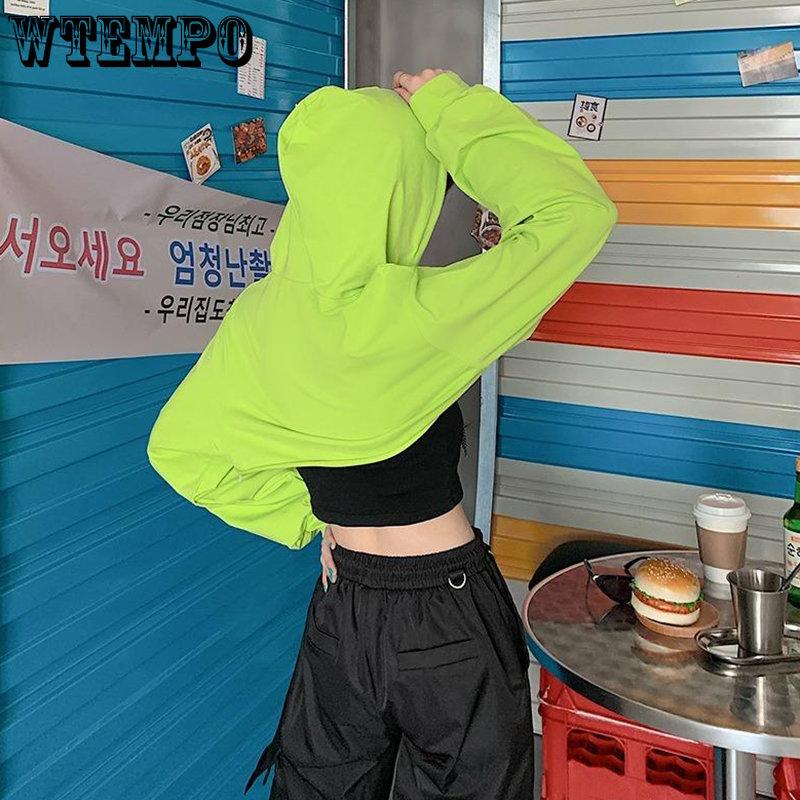 WTEMPO Женские укороченные толстовки с базовым дизайном, комплект из 2 предметов в Корейском стиле для подростков, простая крутая свободная уютная уличная одежда Y2K
