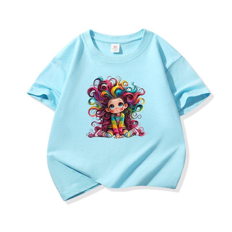 Kids Cotton T Shirt Whimsical Rainbow Hair Girl Art Print Crew Neck Short Sleeve Tee Casual Boys Girls Summer Tops
