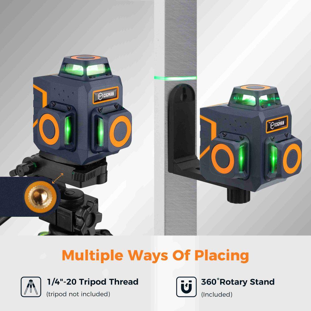 CIGMAN CM-701SE 3x360° 12-линейный лазерный уровень, самовыравнивающийся, 3D зеленая перекрестная линия, с пультом дистанционного управления и магнитным Г-образным кронштейном