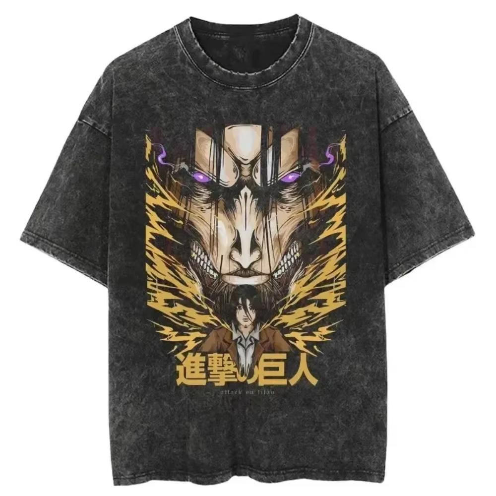 Attack on Titan Mens and Womens Washed TShirt Eren Yeager Summer Anime Cotton Tee Retro Distressed Yk Short Sleeve Top