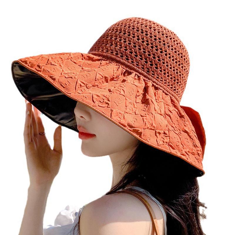1 шт. Стильная соломенная шляпа с большими полями, солнцезащитный головной убор, ажурная УФ-защита, бант, ручная работа, крючком, солнцезащитная кепка
