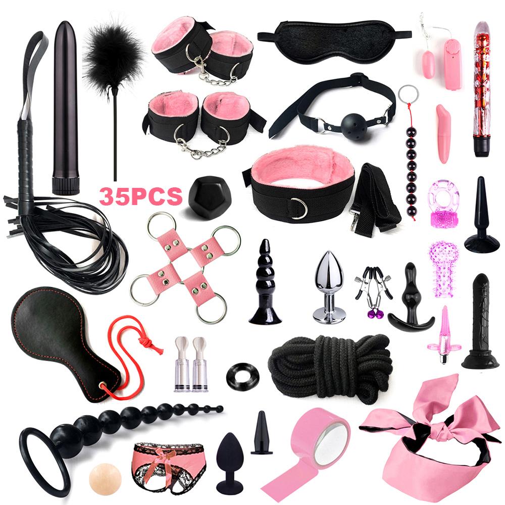 Фетиш BDSM Комплект Набор Секс-игрушка Наручники для Женщины Взрослые Принадлежности Наручники Кнут Анальная пробка Вибратор Веревка для Бондажа Сексуальная Секс-игра