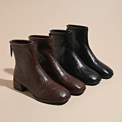 Женская мода квадратный носок полусапожки зимние короткие ботинки на молнии женские толстые каблуки повседневная обувь Botas