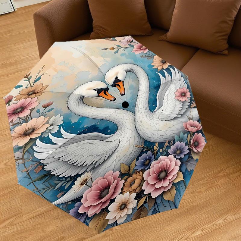 1pc Swans Flowers Automatic Open/Close Umbrella Compact Folding Umbrella with 8-Rib Shaft for Women/Men, Elegant Birthday1134S