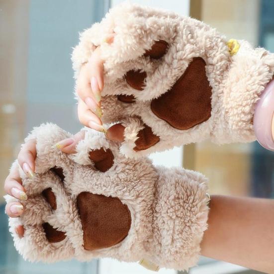 Women Cat Paw Gloves Cute Fuzzy Warm Half Finger Gloves Winter Plush Animal Paw Gloves for Girls Teens Cosplay Costume Parties Daily Wear