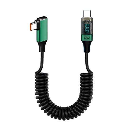 Зарядный кабель с цифровым дисплеем, передача данных 480 Мбит/с, универсальный Type-C, 90-градусный, 100 Вт, пружинный кабель для быстрой зарядки