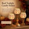 3pcs Rustic Vintage Wooden White Pumpkin Tealight Candle Holder Set Distressed Lantern Tealight Holders for Fall Halloween Thanksgiving Harvest