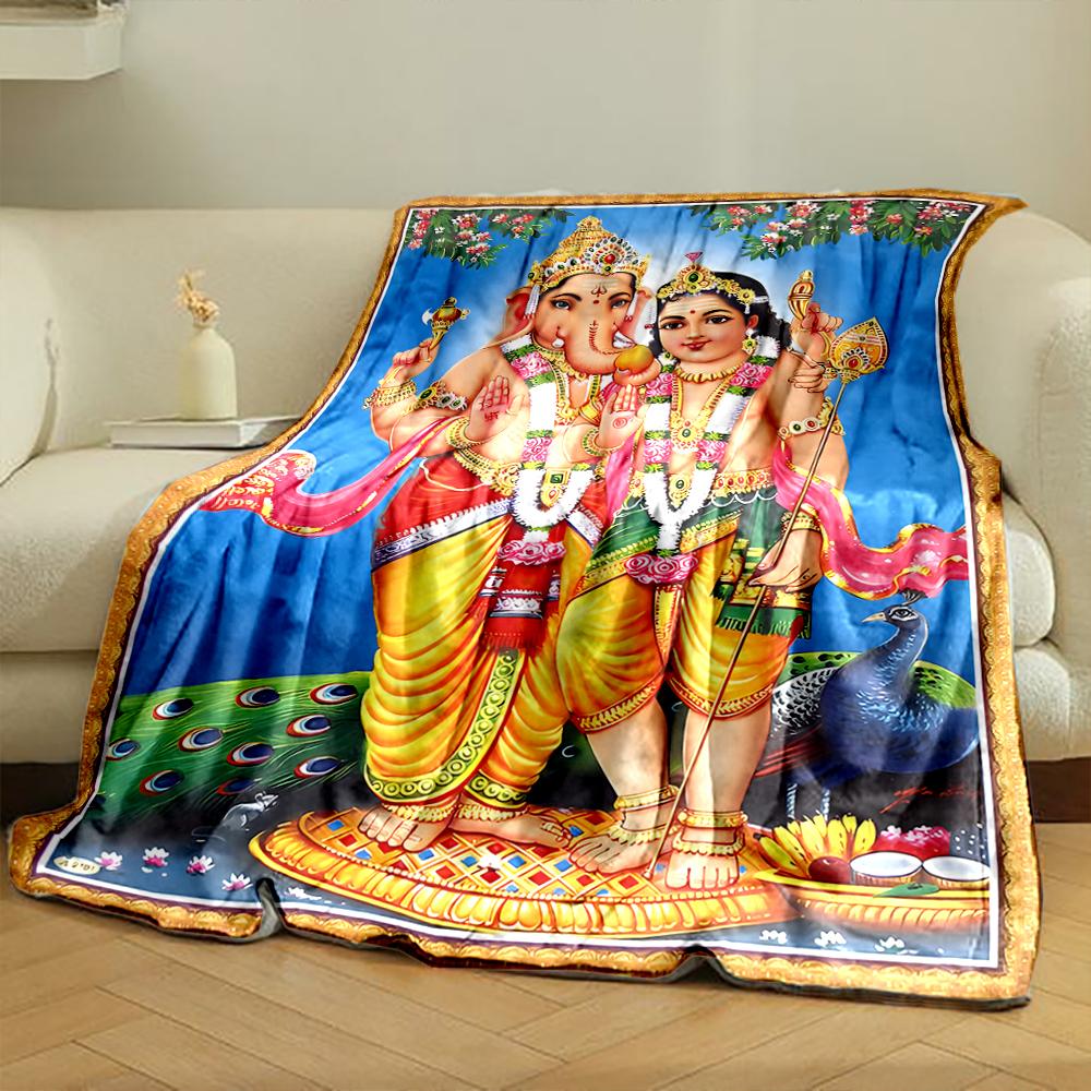 Colorful Hindu Deities with PeacockFlannel blanket for bedroom, living room, sofa, and nap
