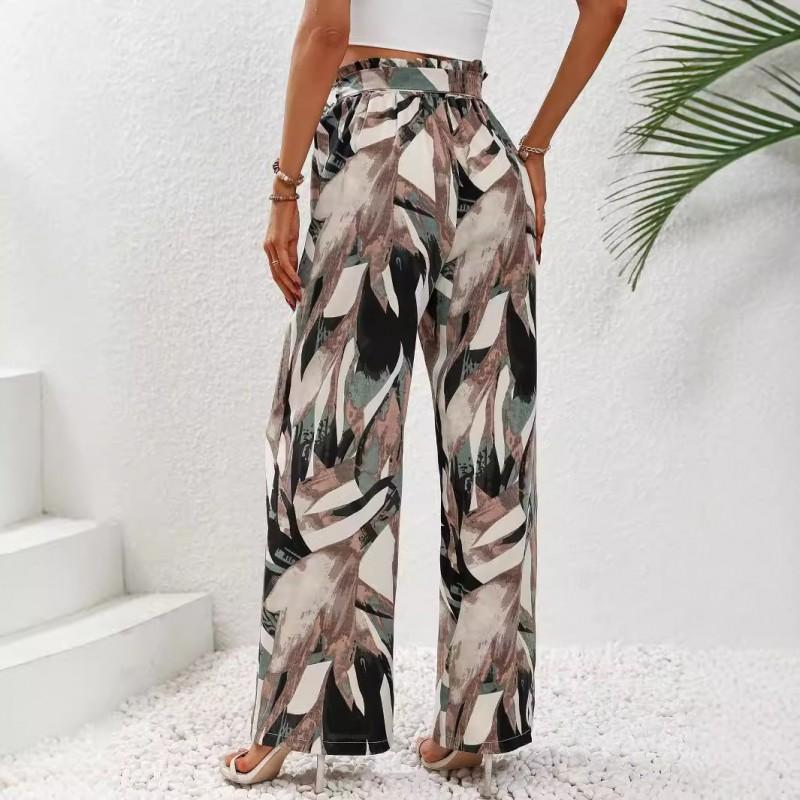 Womens Fashion Casual Printed Trousers Bow Tie Straight Leg Pants