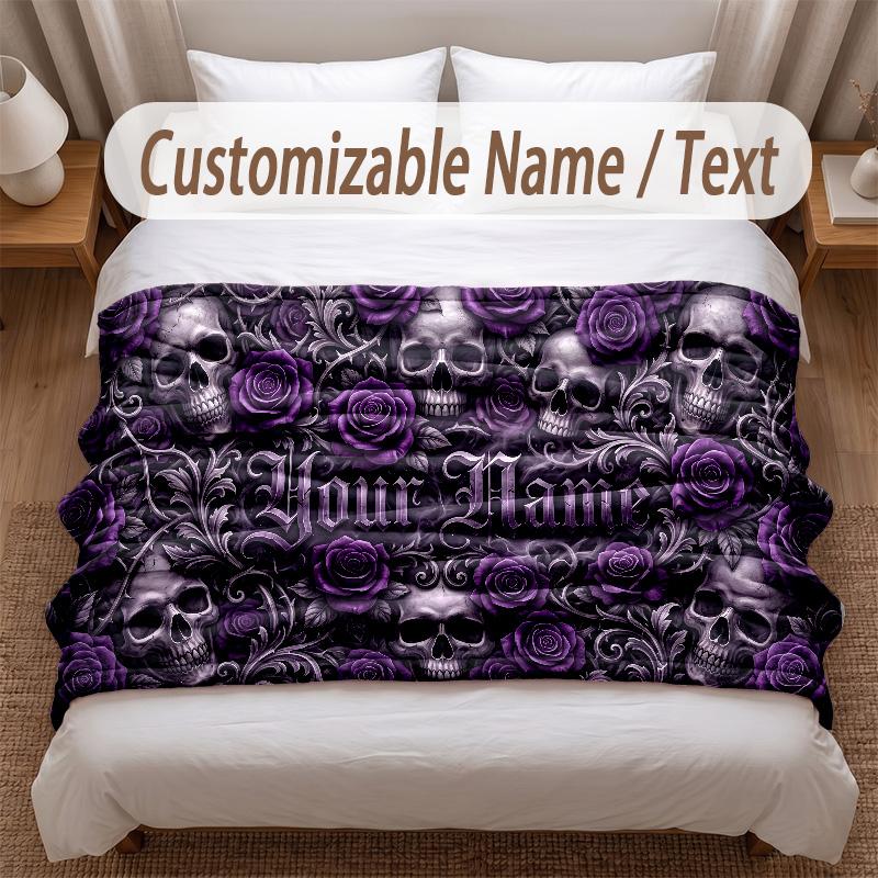 Skull Gothic Theme Soft Blanket Personalized Custom Name Text Print Warm Blanket Home Sofa Bedroom Decor