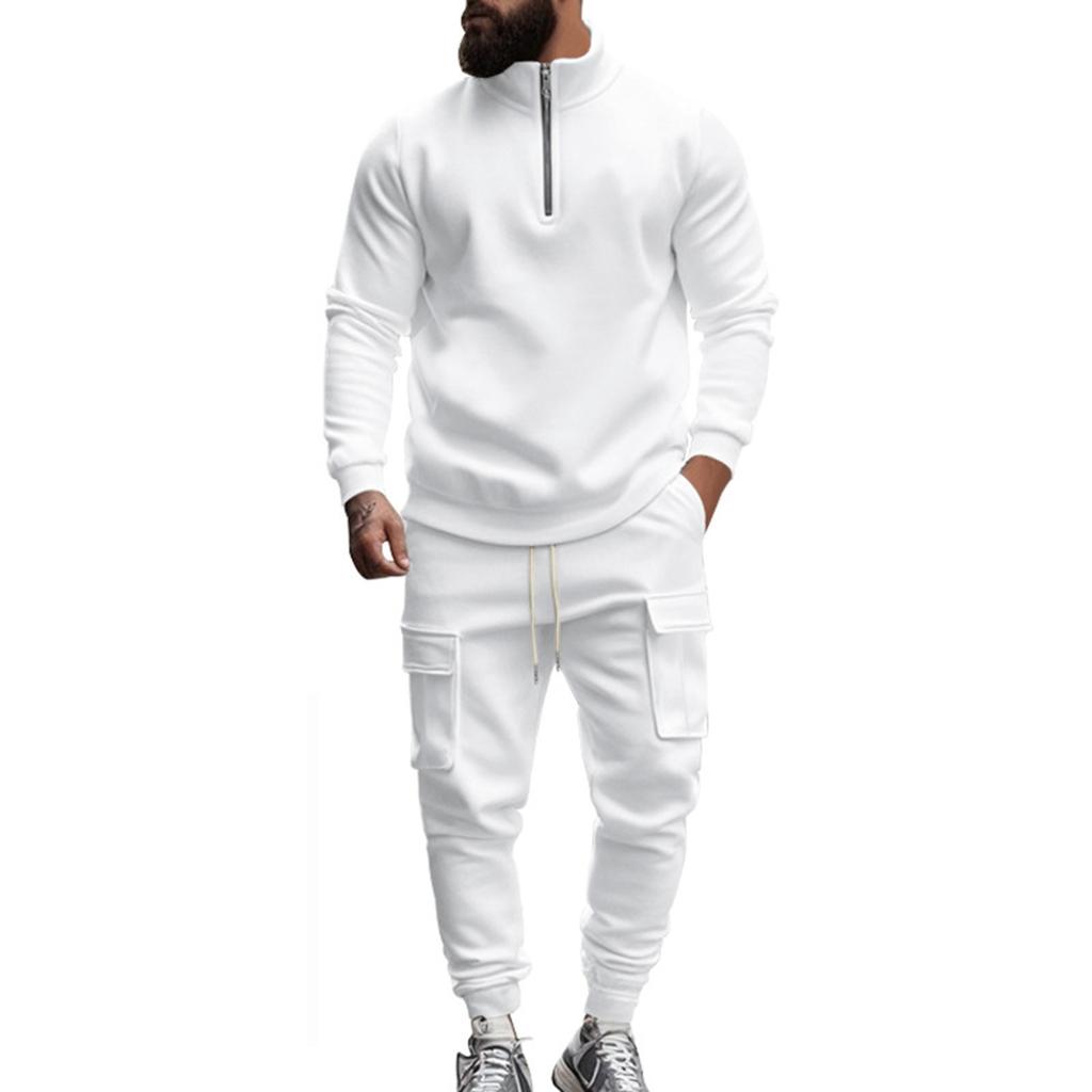 Men's Winter Casual Plus Velvet Warm Zipper Stand Collar Sweatshirt Men's Sports Pants Sweatshirt Set