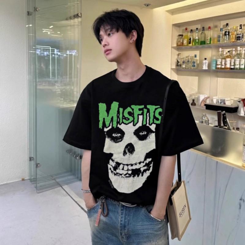 Mens Vintage Misfits Skull Print T-Shirt Short Sleeve Crew Neck Loose Fit Casual Top