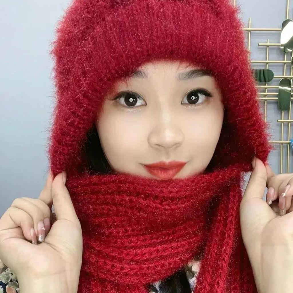 Winter Womens Warm Double Layer Padded Thickened Hat Scarf One Knitted Hat Wool Knitting Net Explosion Models Wind Snow Beanies Hats