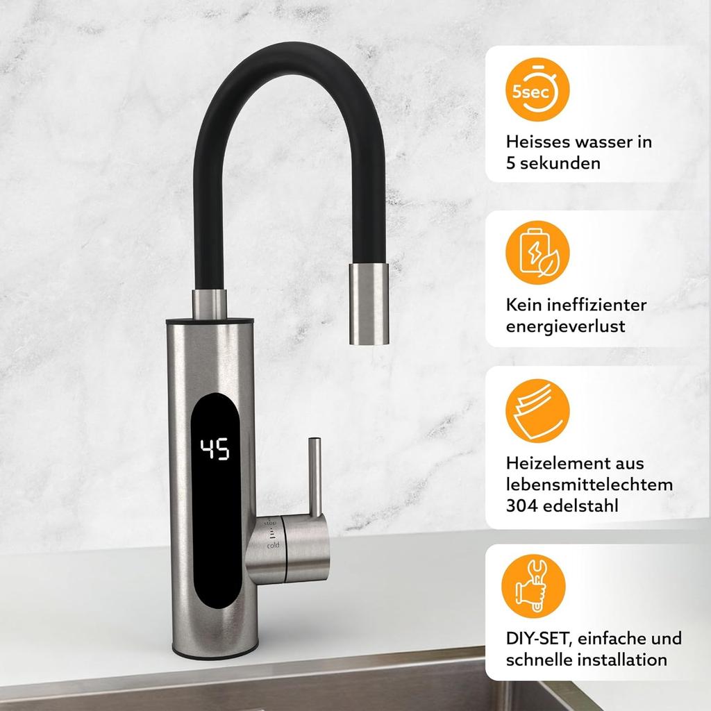 Electric Faucet with Water Heater 230V for Kitchen, Garden, Bathroom, Caravan, Camping, 2 Accessories, Smart Heater Faucet with Instant Water Heater