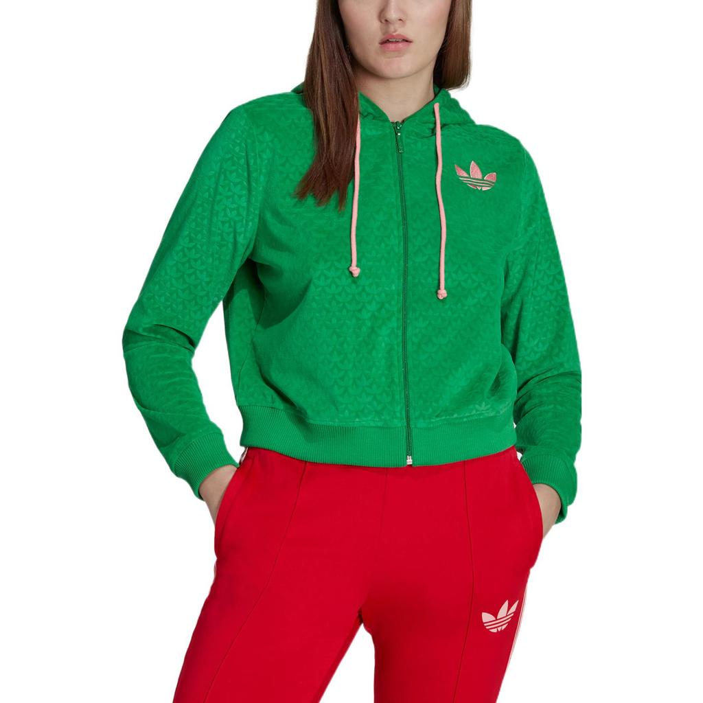 Adidas Originals FW22 Trefoil Print Zip Hoodie With Drawstring Long Sleeves Women Tops Green IB2047