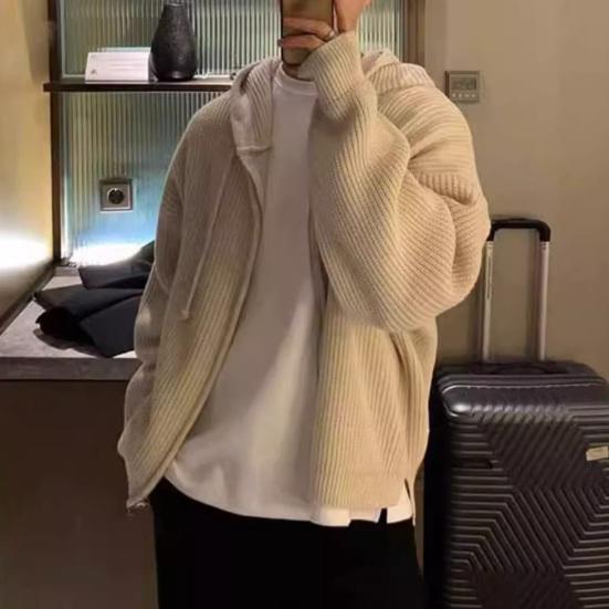 Мужской свитер осень-зима пальто с капюшоном застежка-молния свободная застежка длинные рукава шнурок средней длины однотонный цвет ретро вязаная куртка