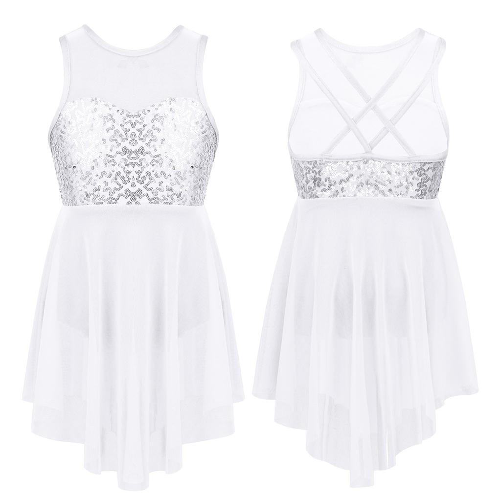 Kids Girls Sleeveless Irregular Hem Lyrical Dance Ballet Leotard Dress Performance Costume