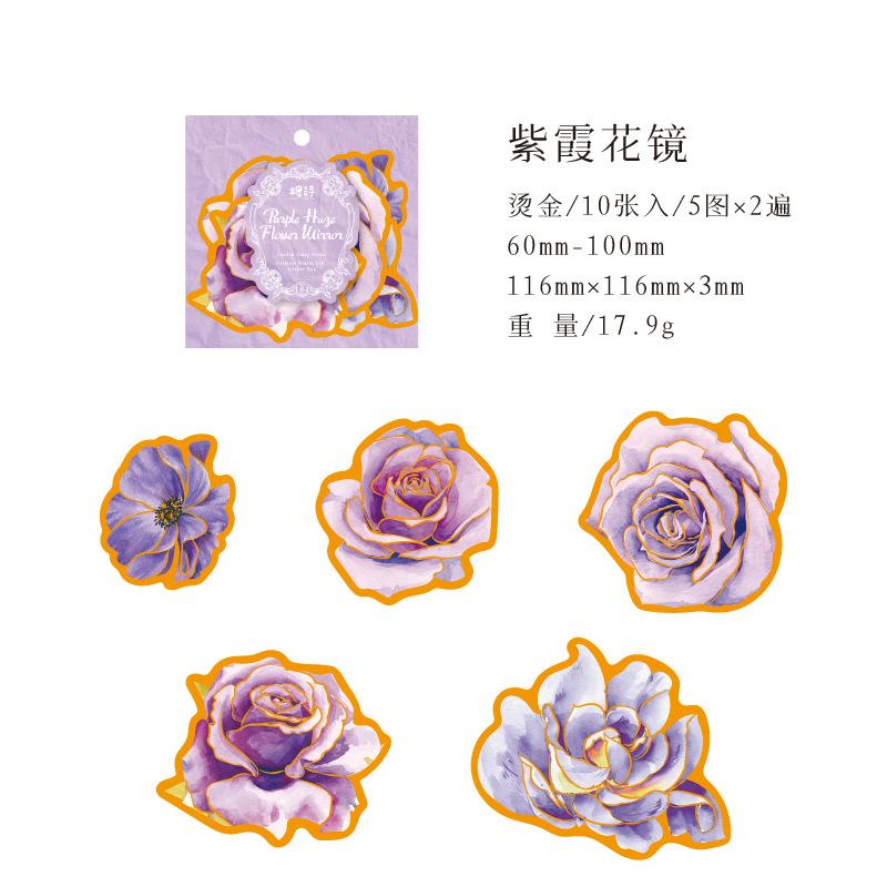 10-Sheet Vintage Gold-Foil Flower Sticker Pack, Retro Hot-Stamped Floral Designs for Journal Embellishment & Scrapbooking