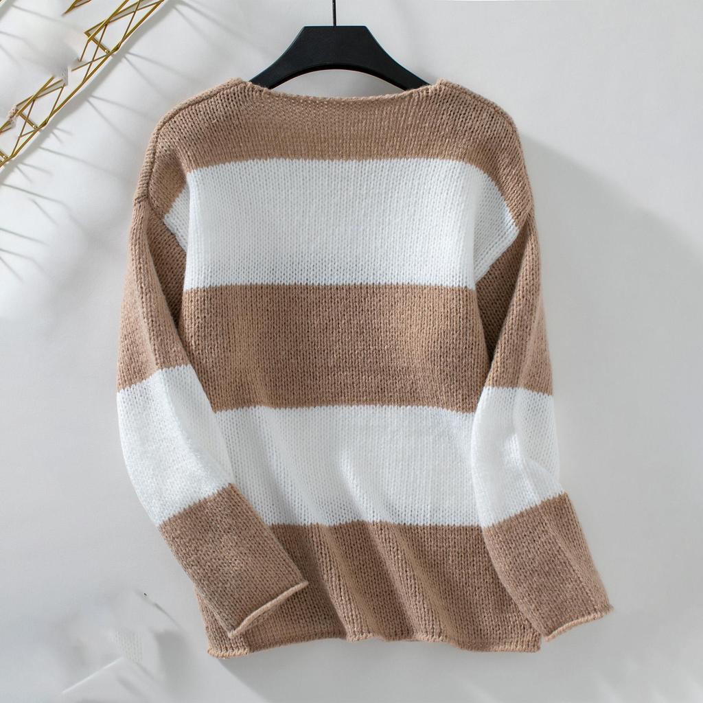 Осень-зима Винтажный свободный топ с длинными рукавами в полоску кардиган трикотажный свитер с V-образным вырезом